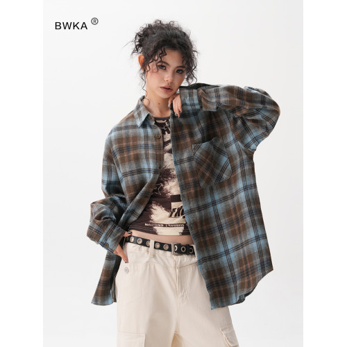 BWKA美式復古格子長袖襯衫女男春季潮牌寬鬆慵懶街頭襯衣外套情侶