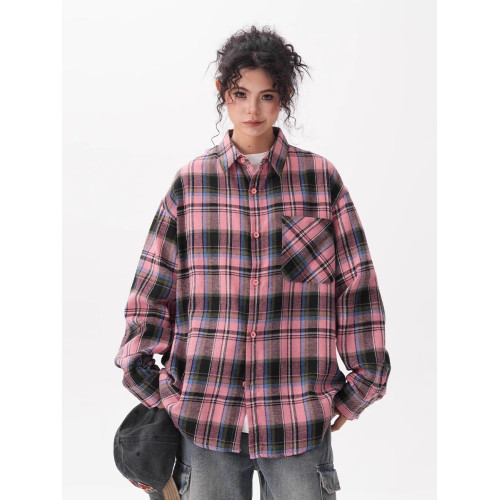 BWKA美式復古格子長袖襯衫女男春季潮牌寬鬆慵懶街頭襯衣外套情侶