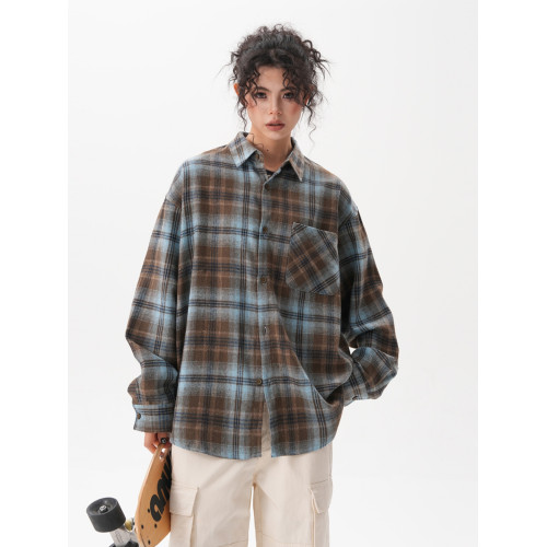 BWKA美式復古格子長袖襯衫女男春季潮牌寬鬆慵懶街頭襯衣外套情侶