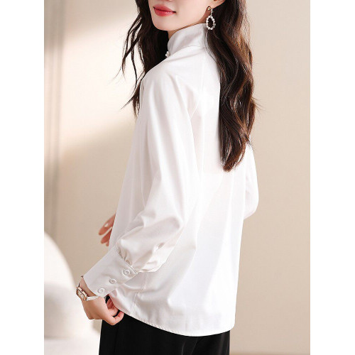 新中式女裝春秋緞面襯衫配馬面裙的上衣長袖立領盤釦國風刺綉襯衣