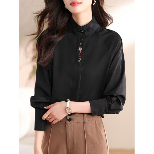 新中式女裝春秋緞面襯衫配馬面裙的上衣長袖立領盤釦國風刺綉襯衣