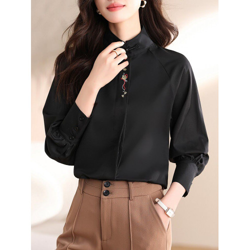 新中式女裝春秋緞面襯衫配馬面裙的上衣長袖立領盤釦國風刺綉襯衣