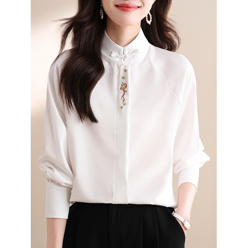 新中式女裝春秋緞面襯衫配馬面裙的上衣長袖立領盤釦國風刺綉襯衣