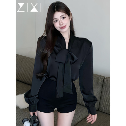 黑色緞面襯衫女2025秋季法式高級感穿搭襯衣職場通勤蝴蝶結上衣