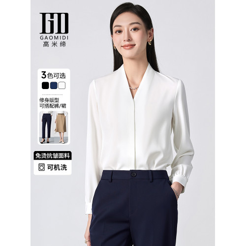 白色V領襯衫女長袖春秋西裝內搭職業正裝面試職場雪紡襯衣高級感