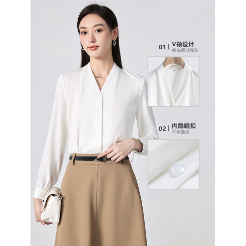 白色V領襯衫女長袖春秋西裝內搭職業正裝面試職場雪紡襯衣高級感