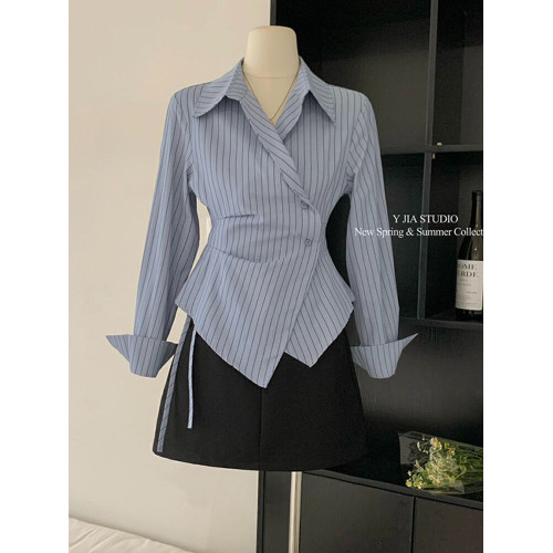 設計感不規則收腰顯瘦條紋襯衫女春季2026新款氣質繙領長袖襯衣