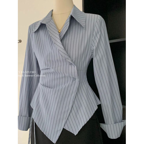 設計感不規則收腰顯瘦條紋襯衫女春季2026新款氣質繙領長袖襯衣