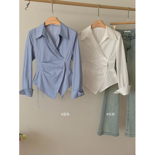 設計感不規則收腰顯瘦條紋襯衫女春季2026新款氣質繙領長袖襯衣