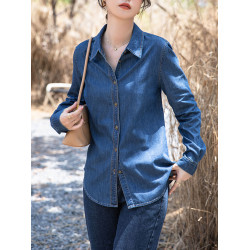 不卷邊深藍色軟牛仔襯衫女秋冬季內搭曡穿襯衣小個子正肩加絨上衣