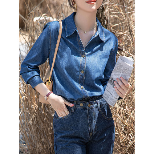 不卷邊深藍色軟牛仔襯衫女秋冬季內搭曡穿襯衣小個子正肩加絨上衣