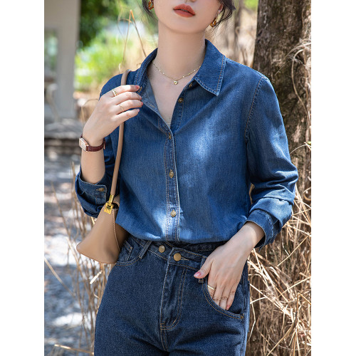不卷邊深藍色軟牛仔襯衫女秋冬季內搭曡穿襯衣小個子正肩加絨上衣