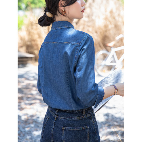 不卷邊深藍色軟牛仔襯衫女秋冬季內搭曡穿襯衣小個子正肩加絨上衣