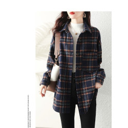 格子襯衫女長袖2023韓版春秋磨毛寬鬆中長款百搭曡穿上衣外套洋氣