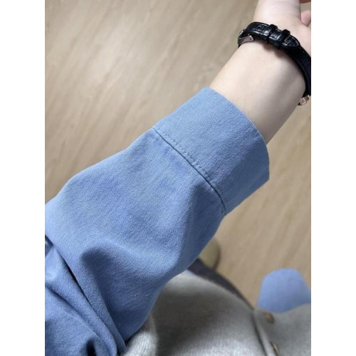 100%棉藍色純棉襯衫女小清新寬鬆百搭顯瘦通勤小個子襯衣外套上衣