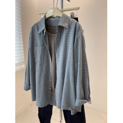 復古水洗磨毛藍色格子襯衫外套女秋冬加厚寬鬆休閒外搭曡穿上衣潮