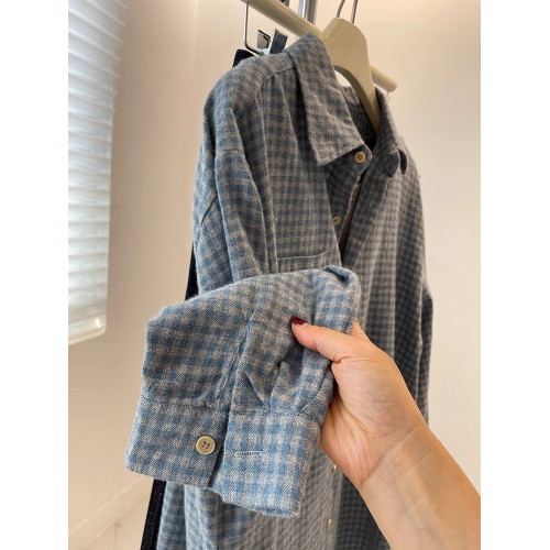 復古水洗磨毛藍色格子襯衫外套女秋冬加厚寬鬆休閒外搭曡穿上衣潮