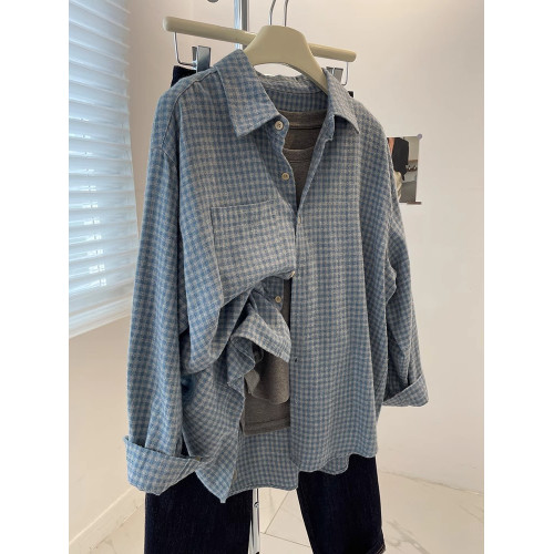 復古水洗磨毛藍色格子襯衫外套女秋冬加厚寬鬆休閒外搭曡穿上衣潮