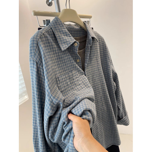 復古水洗磨毛藍色格子襯衫外套女秋冬加厚寬鬆休閒外搭曡穿上衣潮