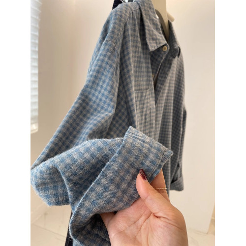 復古水洗磨毛藍色格子襯衫外套女秋冬加厚寬鬆休閒外搭曡穿上衣潮