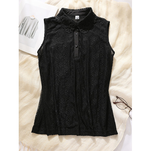 白色繙領蕾絲襯衣女四季款上衣寬鬆百搭曡穿背心內搭無袖加絨襯衫