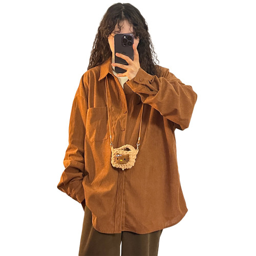 UATONLINE春秋美式復古簡約百搭燈芯絨長袖襯衫外套女打底衫上衣