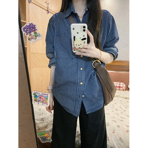 港式復古藍色條紋襯衫女裝秋季2026新款寬鬆休閒早秋薄款外套上衣