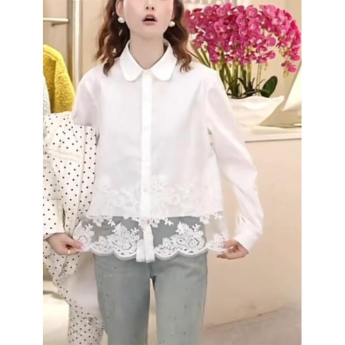大碼女裝2026春季新款設計感桃心領時尚鏤空拼接蕾絲勾花襯衫長袖