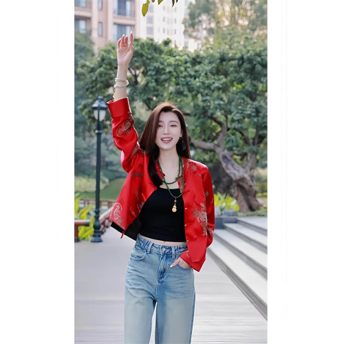 新中式紅國風襯衫外套女2025新款唐裝春季寬鬆顯瘦小個子上衣