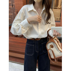 韓系高級感氣質燈芯絨杏白長袖襯衫女秋冬內搭純色法式復古襯衣厚