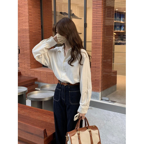 韓系高級感氣質燈芯絨杏白長袖襯衫女秋冬內搭純色法式復古襯衣厚