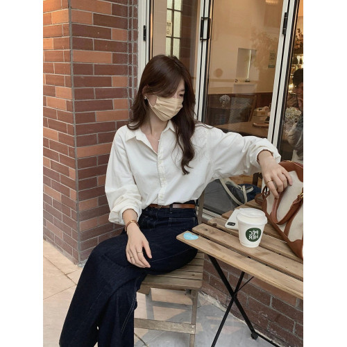 韓系高級感氣質燈芯絨杏白長袖襯衫女秋冬內搭純色法式復古襯衣厚