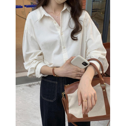 韓系高級感氣質燈芯絨杏白長袖襯衫女秋冬內搭純色法式復古襯衣厚