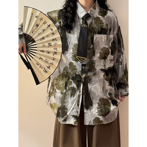 ECOKSOLO春季美式復古慵懶風小衆滿印油畫港風長袖襯衫休閒上衣女