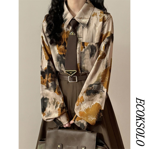 ECOKSOLO春季美式復古慵懶風小衆滿印油畫港風長袖襯衫休閒上衣女