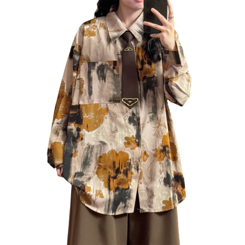 ECOKSOLO春季美式復古慵懶風小衆滿印油畫港風長袖襯衫休閒上衣女