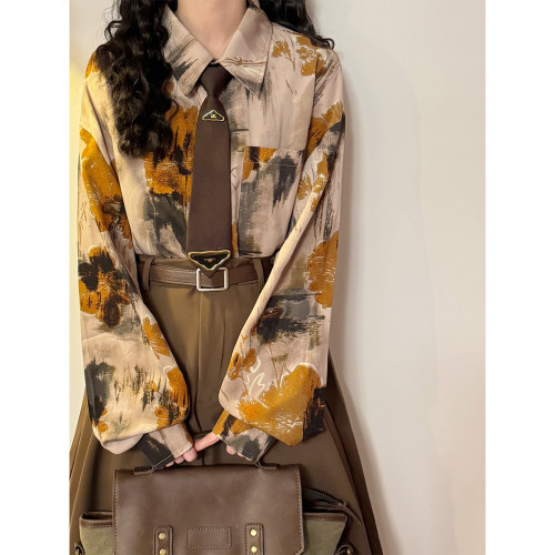 ECOKSOLO春季美式復古慵懶風小衆滿印油畫港風長袖襯衫休閒上衣女