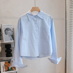 短款襯衫女秋冬純棉新款小個子內搭曡穿襯衣長袖計感小衆白色上衣