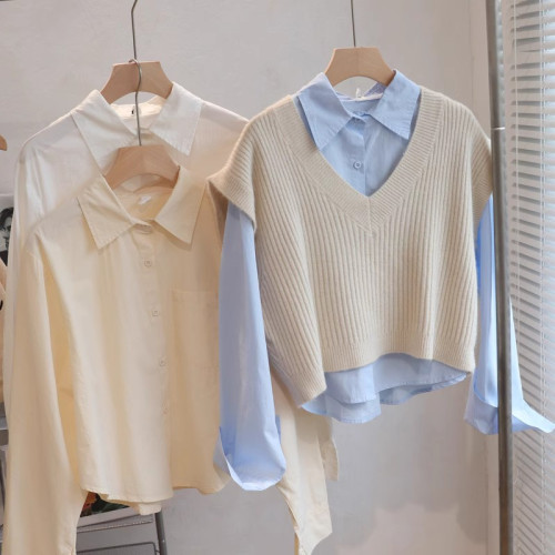 短款襯衫女秋冬純棉新款小個子內搭曡穿襯衣長袖計感小衆白色上衣