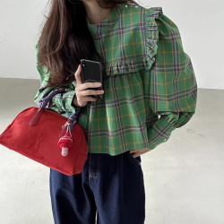 韓國chic春季新款復古氣質荷葉邊寬鬆長袖格紋娃娃衫襯衫上衣