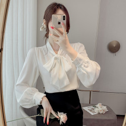 法式蝴蝶結襯衫女春秋2025年新款長袖上衣小個子內搭白襯衣雪紡衫