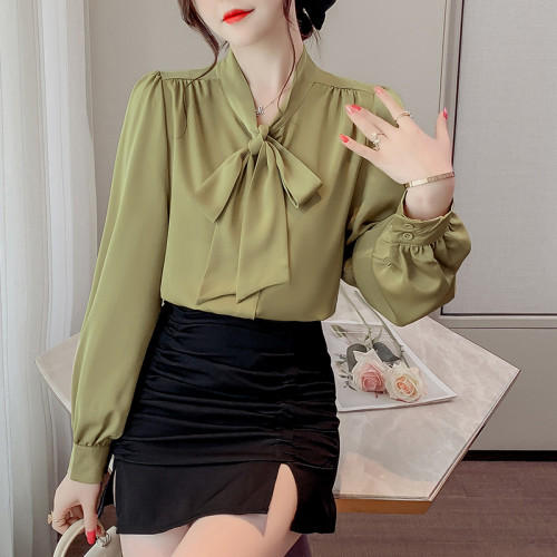 法式蝴蝶結襯衫女春秋2025年新款長袖上衣小個子內搭白襯衣雪紡衫