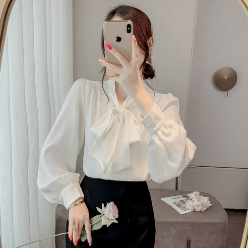 法式蝴蝶結襯衫女春秋2025年新款長袖上衣小個子內搭白襯衣雪紡衫