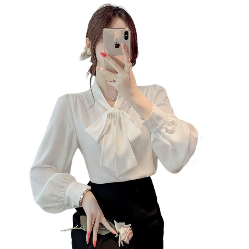 法式蝴蝶結襯衫女春秋2025年新款長袖上衣小個子內搭白襯衣雪紡衫