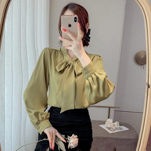 法式蝴蝶結襯衫女春秋2025年新款長袖上衣小個子內搭白襯衣雪紡衫
