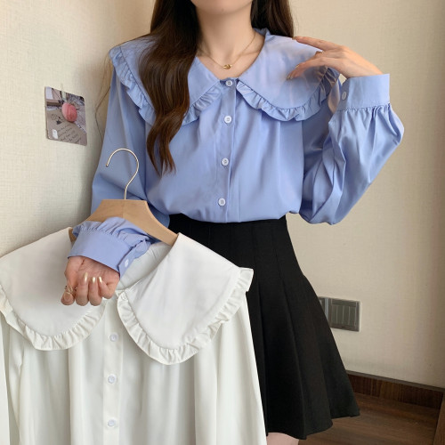 大碼法式娃娃領白色長袖襯衫女早春季設計感小衆顯瘦洋氣減齡上衣