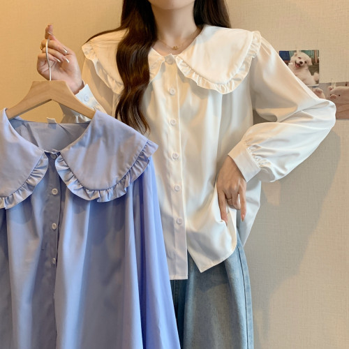 大碼法式娃娃領白色長袖襯衫女早春季設計感小衆顯瘦洋氣減齡上衣