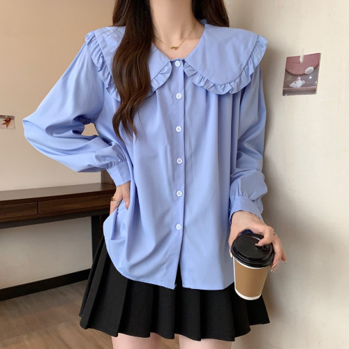 大碼法式娃娃領白色長袖襯衫女早春季設計感小衆顯瘦洋氣減齡上衣