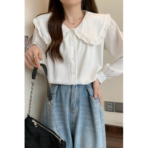 大碼法式娃娃領白色長袖襯衫女早春季設計感小衆顯瘦洋氣減齡上衣