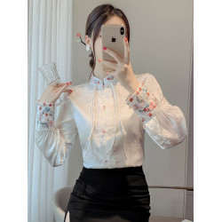 國潮新中式盤釦襯衫女春裝2025年風提花復古立領綉花長袖上衣